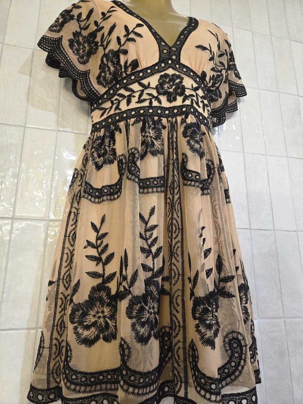 Altar'd State Khaki Beige & Black Embroidered Mesh Mini Dress S